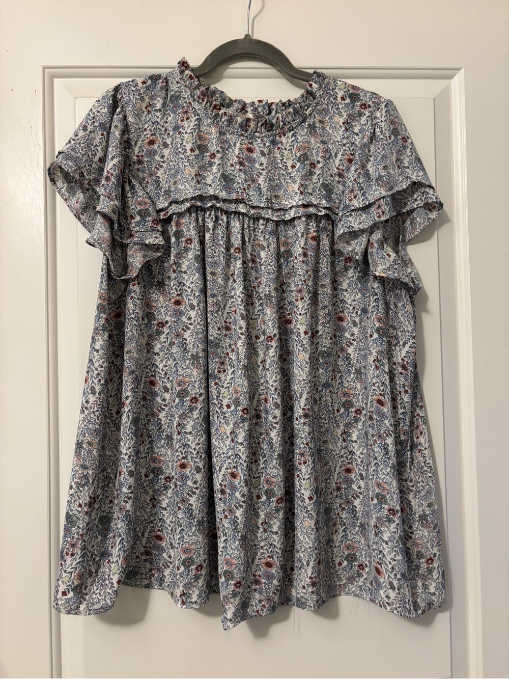 Rose & Olive Blue Floral Ruffle Short Sleeve Tunic